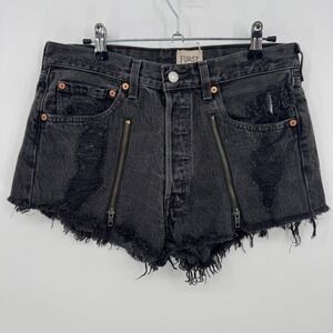 FURST OF A KIND Black‎ Denim Distressed Zipper Shorts Women's Cutoff Raw Hem
